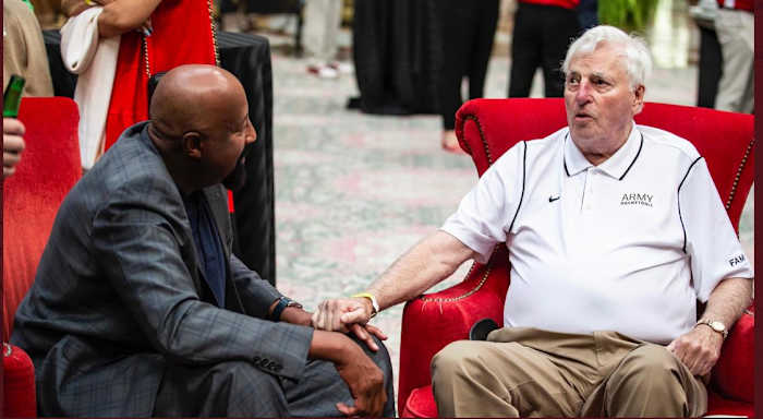 Indiana coach Mike Woodson (left) chats with Bob Knight during a basketball reunion over the weekend (Photo courtesy of IU Athletics)
